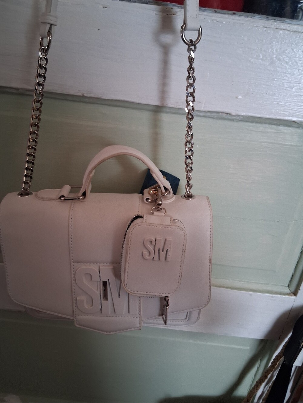 Steve Madden White Embossed Top-Handle Shoulder Bag with Chain Strap